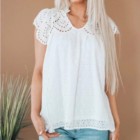Adiva Eyelet Tassel Tie Flutter Sleeve Top - Picture 2 of 8